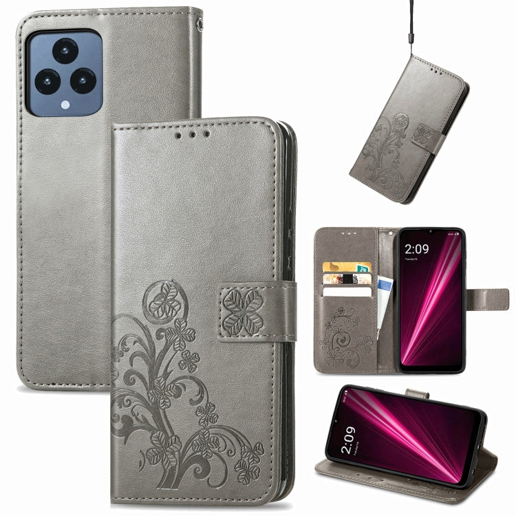 For T-Mobile REVVL 6 5G Four-leaf Clasp Embossed Buckle Leather Phone Case(Gray) - More Brand by PMC Jewellery | Online Shopping South Africa | PMC Jewellery