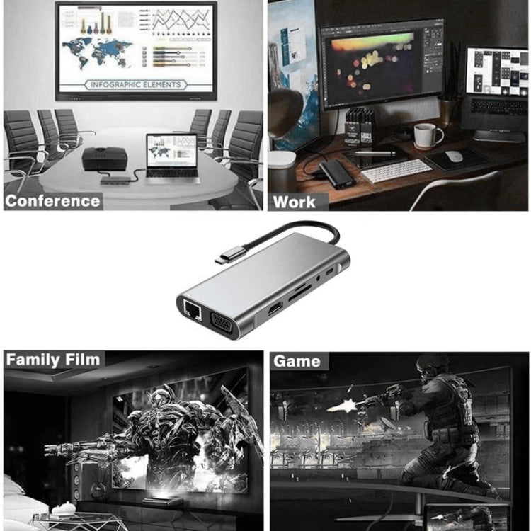 USB C HUB, USB C Adapter 11 in 1 Dongle with 4K HDMI, VGA, Type C PD, USB3.0, RJ45 Ethernet, SD/TF Card Reader, 3.5mm AUX, Docking Station Compatible with MacBook Pro/Air, Other Type C Laptops Devices - Adapter by PMC TechLife | Online Shopping South Africa | PMC TechLife | Buy Now Pay Later Mobicred