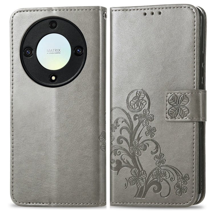 For Honor Magic5 Lite Four-leaf Clasp Embossed Buckle Leather Phone Case(Gray) - Honor Cases by PMC Jewellery | Online Shopping South Africa | PMC Jewellery