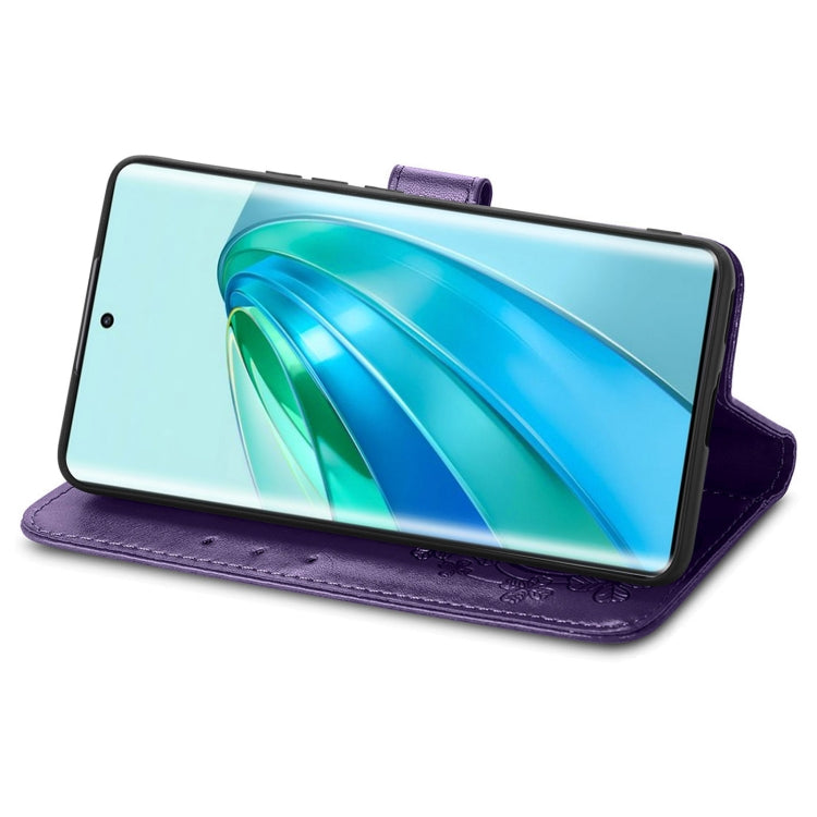 For Honor Magic5 Lite Four-leaf Clasp Embossed Buckle Leather Phone Case(Purple) - free shipping - PMC TechLife - Order now!