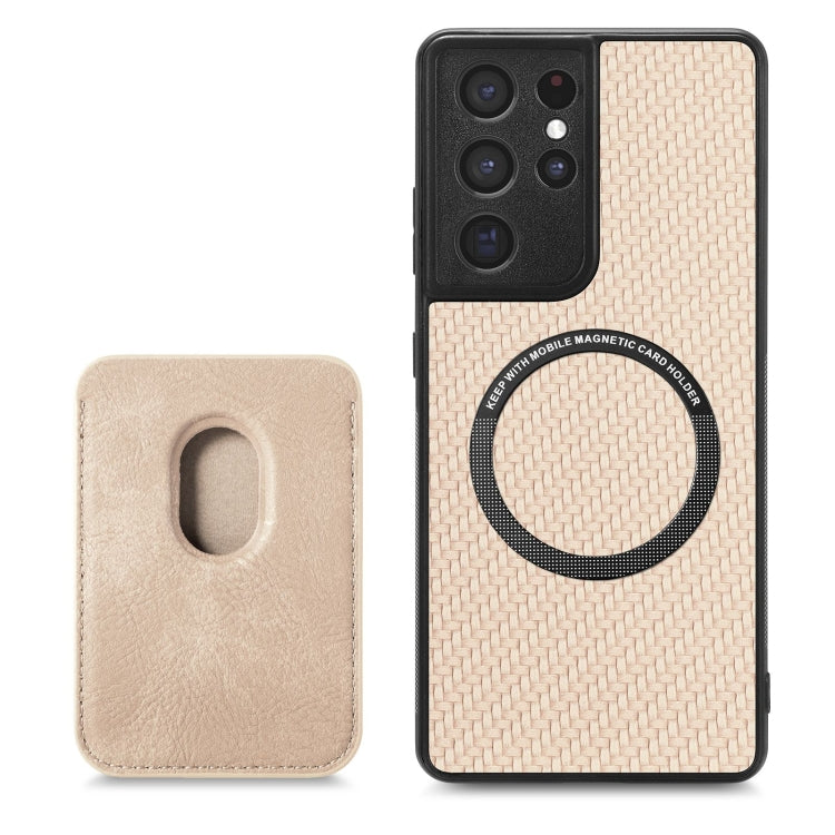 For Samsung Galaxy S21 Ultra 5G Carbon Fiber Leather Card Magsafe Magnetic Phone Case(Khaki) - Galaxy S21 Ultra 5G Cases by PMC Jewellery | Online Shopping South Africa | PMC Jewellery