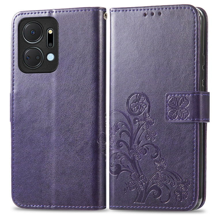 For Honor X7a Four-leaf Clasp Embossed Buckle Leather Phone Case(Purple) - Honor Cases by PMC Jewellery | Online Shopping South Africa | PMC Jewellery