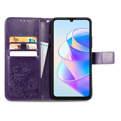 For Honor X7a Four-leaf Clasp Embossed Buckle Leather Phone Case(Purple) - Honor Cases by PMC Jewellery | Online Shopping South Africa | PMC Jewellery