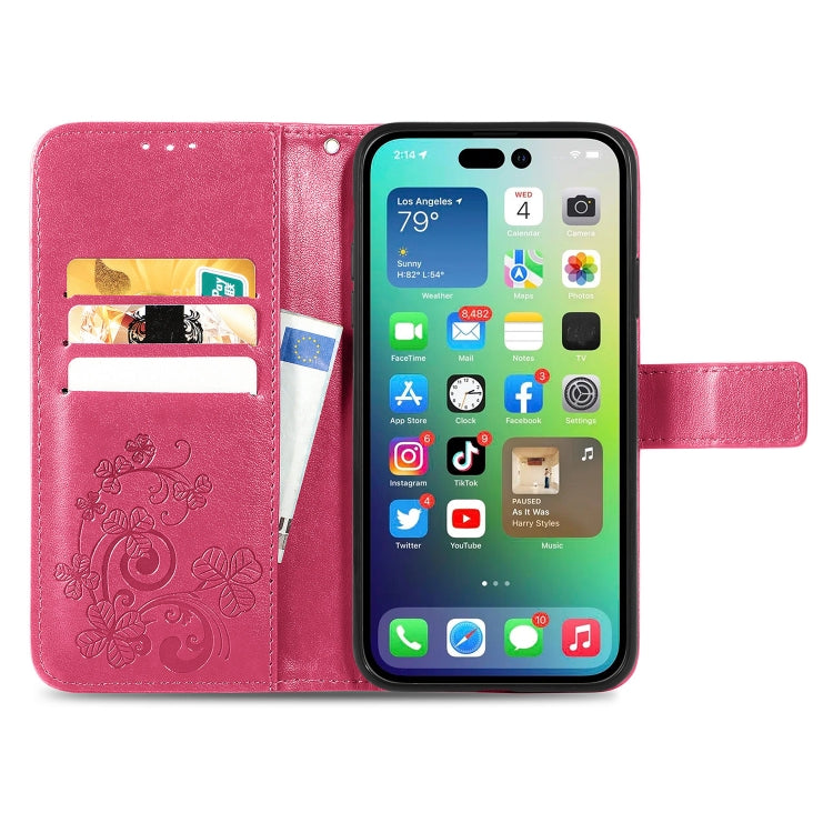 For iPhone 15 Plus Four-leaf Clasp Embossed Buckle Leather Phone Case(Magengta) - iPhone 15 Plus Cases by PMC TechLife | Online Shopping South Africa | PMC TechLife