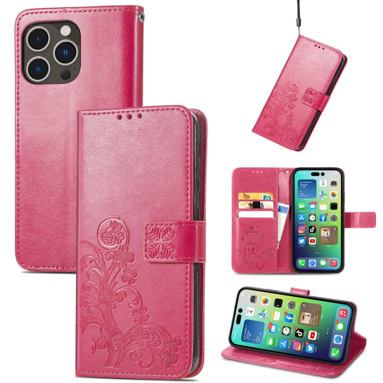 For iPhone 15 Pro Max Four-leaf Clasp Embossed Buckle Leather Phone Case(Magengta) - iPhone 15 Pro Max Cases by PMC TechLife | Online Shopping South Africa | PMC TechLife