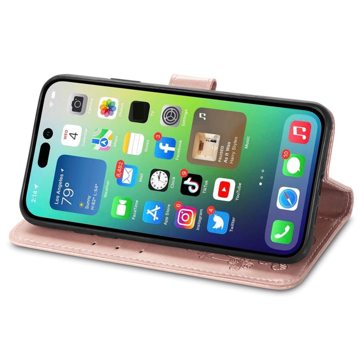 For iPhone 15 Pro Max Four-leaf Clasp Embossed Buckle Leather Phone Case(Rose Gold) - iPhone 15 Pro Max Cases by PMC Jewellery | Online Shopping South Africa | PMC Jewellery