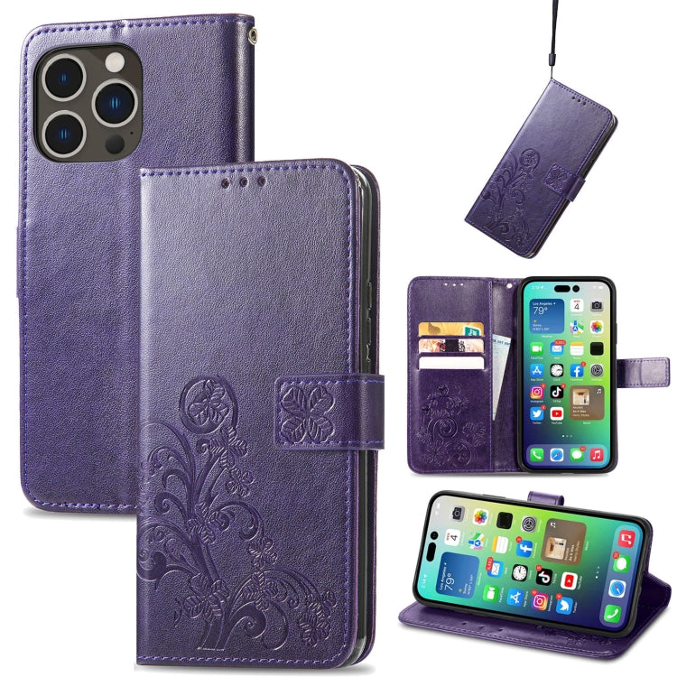For iPhone 15 Pro Max Four-leaf Clasp Embossed Buckle Leather Phone Case(Purple) - iPhone 15 Pro Max Cases by PMC TechLife | Online Shopping South Africa | PMC TechLife