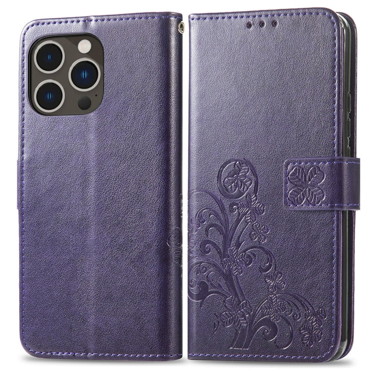 For iPhone 15 Pro Max Four-leaf Clasp Embossed Buckle Leather Phone Case(Purple) - iPhone 15 Pro Max Cases by PMC TechLife | Online Shopping South Africa | PMC TechLife