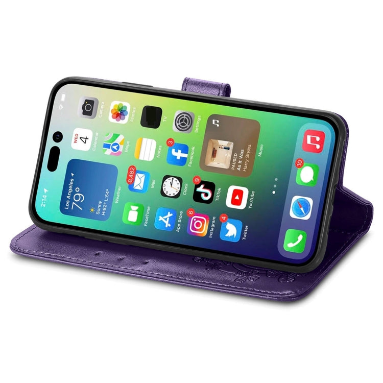 For iPhone 15 Pro Max Four-leaf Clasp Embossed Buckle Leather Phone Case(Purple) - iPhone 15 Pro Max Cases by PMC TechLife | Online Shopping South Africa | PMC TechLife
