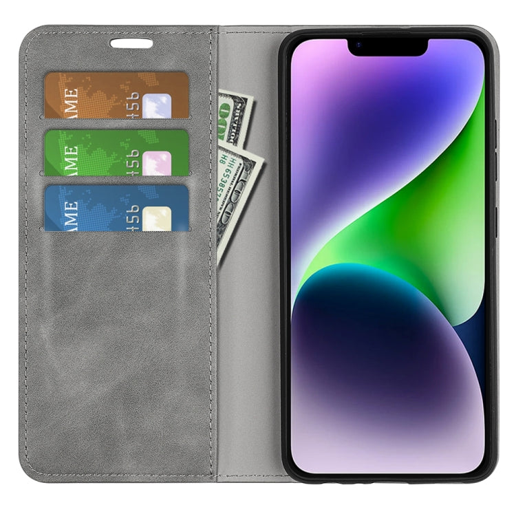 For iPhone 15 Plus Retro-skin  Magnetic Suction Leather Phone Case(Grey) - iPhone 15 Plus Cases by PMC Jewellery | Online Shopping South Africa | PMC Jewellery