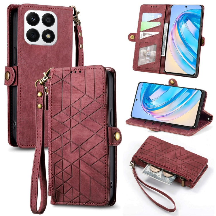 For Honor X8A Geometric Zipper Wallet Side Buckle Leather Phone Case(Red) - Honor Cases by PMC Jewellery | Online Shopping South Africa | PMC Jewellery