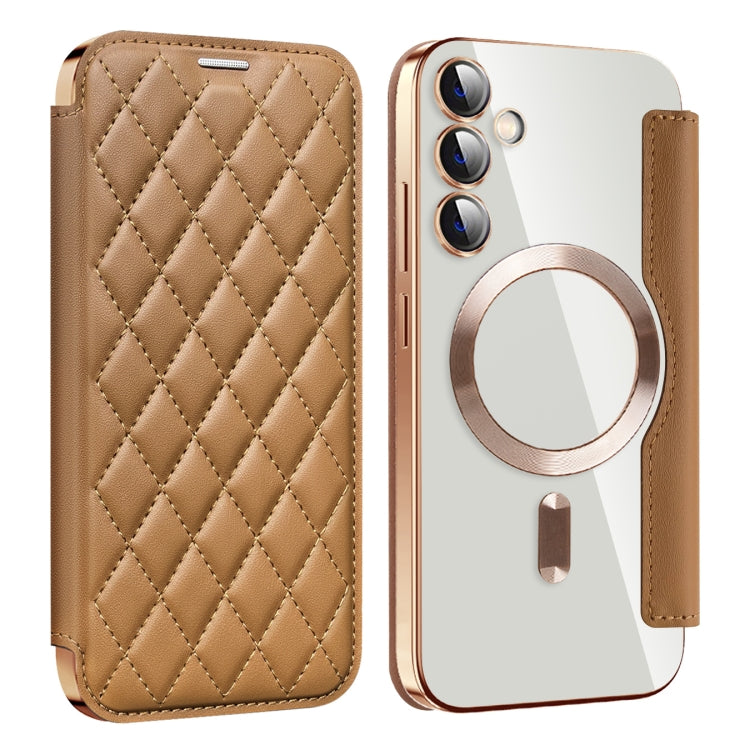 For Samsung Galaxy S23 FE 5G Shield Magsafe RFID Anti-theft Rhombus Leather Phone Case(Brown) - Galaxy S23 FE 5G Cases by PMC Jewellery | Online Shopping South Africa | PMC Jewellery