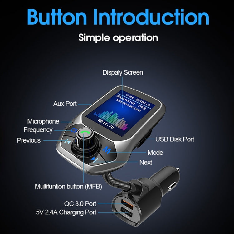 T43 Car Bluetooth Mp3 Multi-function Large Color Screen QC3.0 Bluetooth Car Charge Lossless Car Bluetooth Player - Bluetooth Car Kits by PMC TechLife | Online Shopping South Africa | PMC TechLife