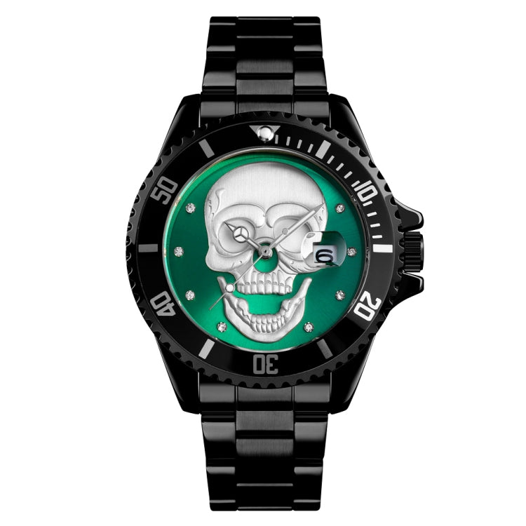 SKMEI 9195 Fashion Water-inlaid Drill Skull Nightlight Waterproof Quartz Watch Steel Strip Watch for Men(Black Green) - Other Watches by SKMEI | Online Shopping South Africa | PMC Jewellery | Buy Now Pay Later Mobicred