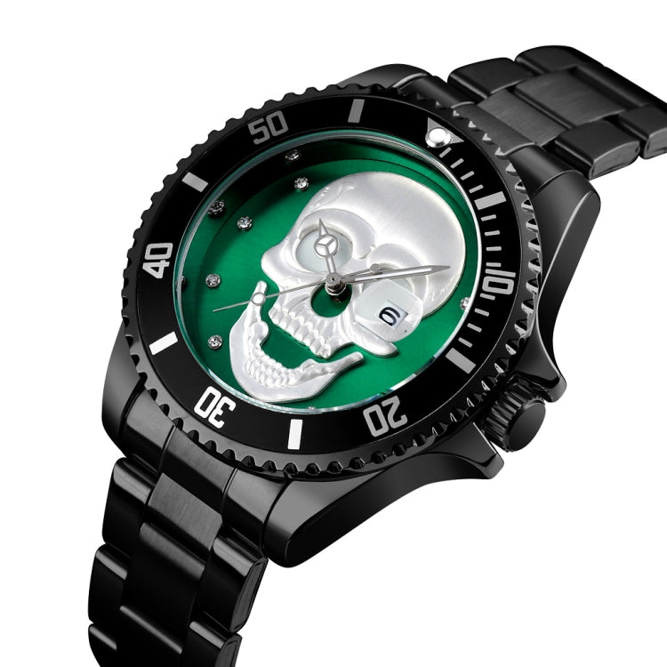 SKMEI 9195 Fashion Water-inlaid Drill Skull Nightlight Waterproof Quartz Watch Steel Strip Watch for Men(Black Green) - Other Watches by SKMEI | Online Shopping South Africa | PMC Jewellery | Buy Now Pay Later Mobicred