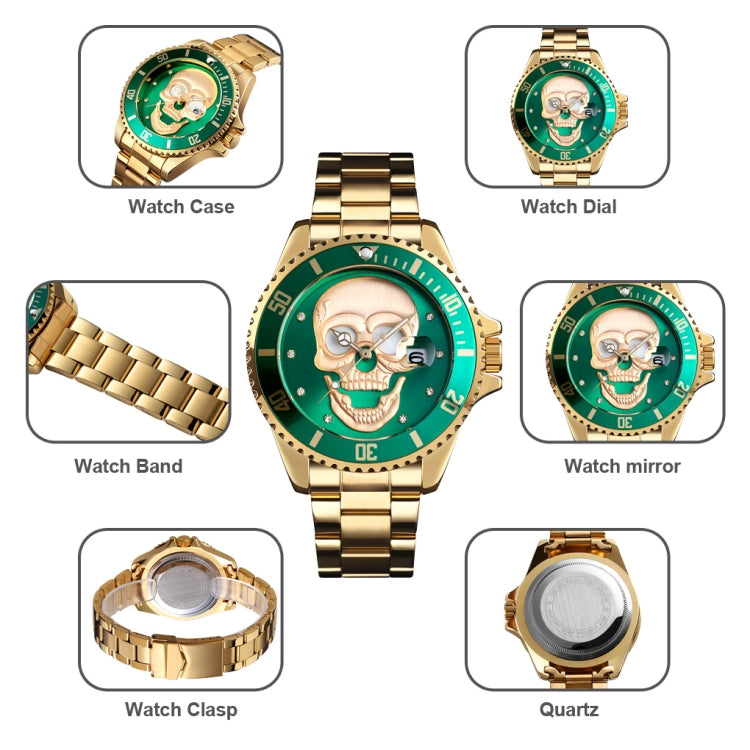 SKMEI 9195 Fashion Water-inlaid Drill Skull Nightlight Waterproof Quartz Watch Steel Strip Watch for Men(Black Green) - Other Watches by SKMEI | Online Shopping South Africa | PMC Jewellery | Buy Now Pay Later Mobicred