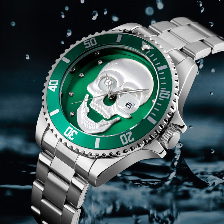 SKMEI 9195 Fashion Water-inlaid Drill Skull Nightlight Waterproof Quartz Watch Steel Strip Watch for Men(Black Green) - Other Watches by SKMEI | Online Shopping South Africa | PMC Jewellery | Buy Now Pay Later Mobicred