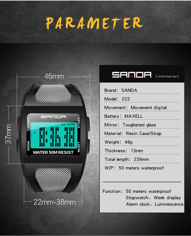 SANDA 222 Men Sports Outdoor Mountaineering Digital Electronic Watch Square Multi functional Waterproof Watch(Black) - Sport Watches by SANDA | Online Shopping South Africa | PMC Jewellery | Buy Now Pay Later Mobicred