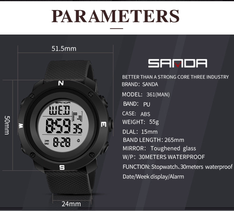 SANDA 361 Fashionable Night Light Sports Children Electronic Watch Multi Functional Personality Night Light Men Waterproof Watch(Black) - Silicone Strap Watches by SANDA | Online Shopping South Africa | PMC Jewellery | Buy Now Pay Later Mobicred