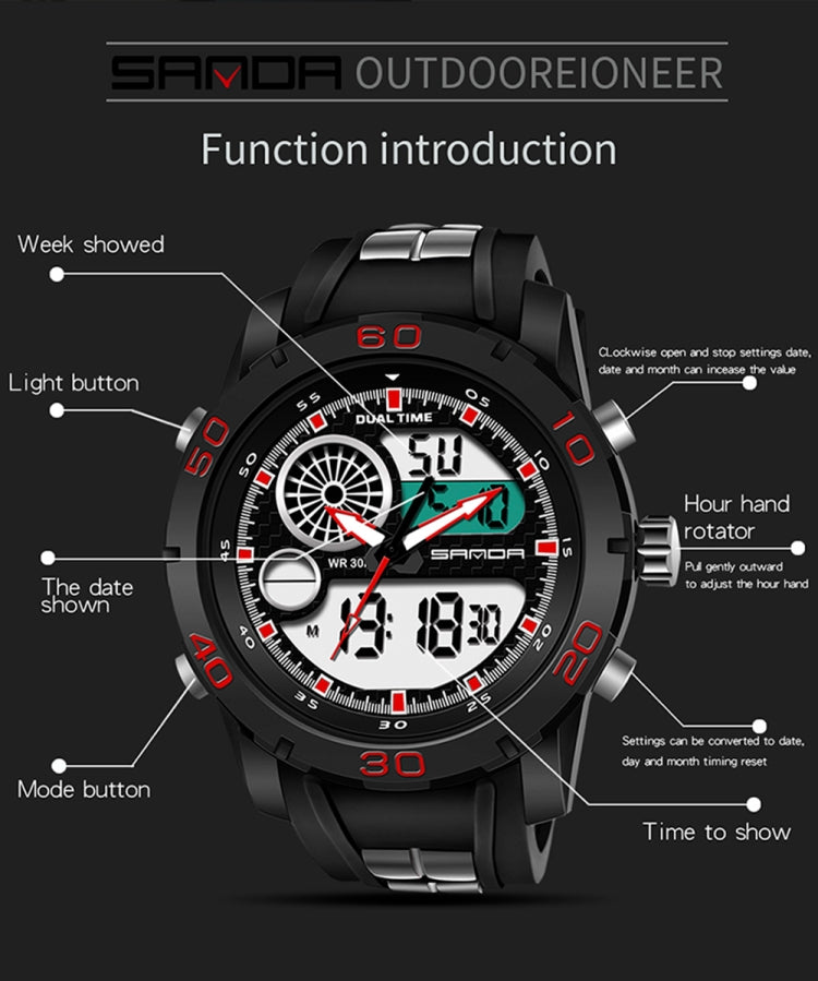 SANDA New Waterproof Luminous Plastic Multi Functional Watch Men Outdoor Sports LED Electronic Watch(Red) - Sport Watches by SANDA | Online Shopping South Africa | PMC Jewellery | Buy Now Pay Later Mobicred