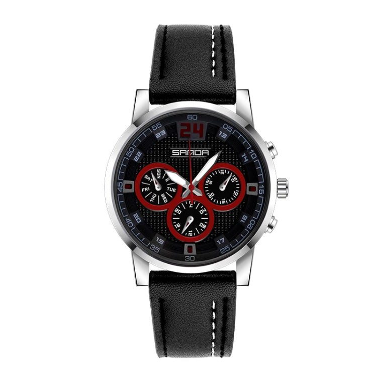 SANDA 5009 Business Fashion Three Eye Six Needle Casual Leather Waterproof Men Quartz Watch(Black Silver) - Sport Watches by SANDA | Online Shopping South Africa | PMC Jewellery | Buy Now Pay Later Mobicred