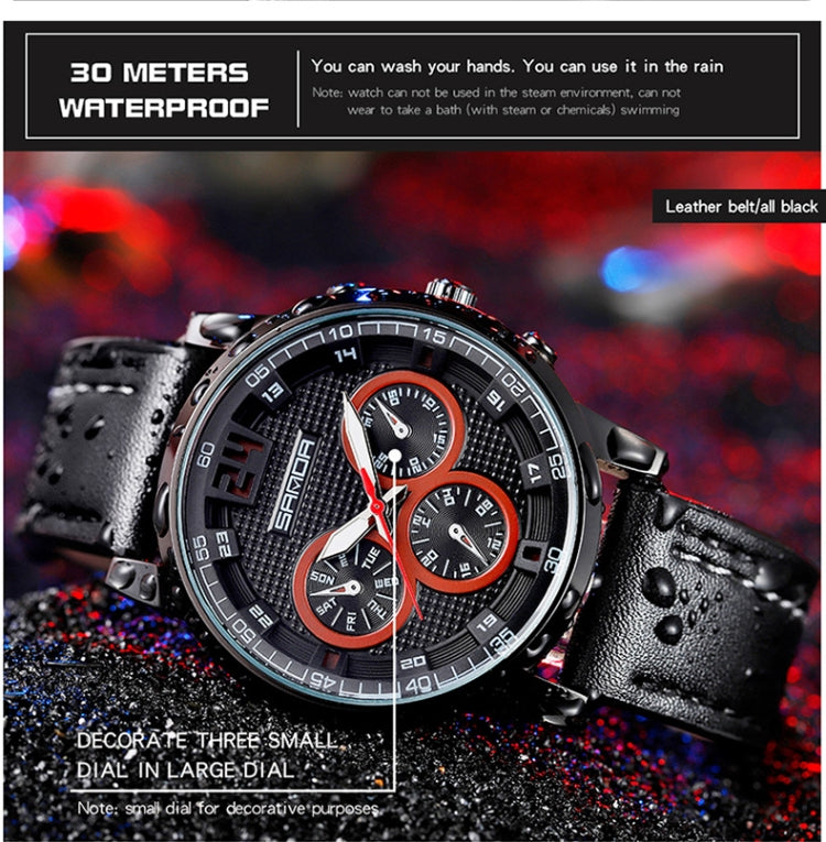 SANDA 5009 Business Fashion Three Eye Six Needle Casual Leather Waterproof Men Quartz Watch(Black Silver) - Sport Watches by SANDA | Online Shopping South Africa | PMC Jewellery | Buy Now Pay Later Mobicred