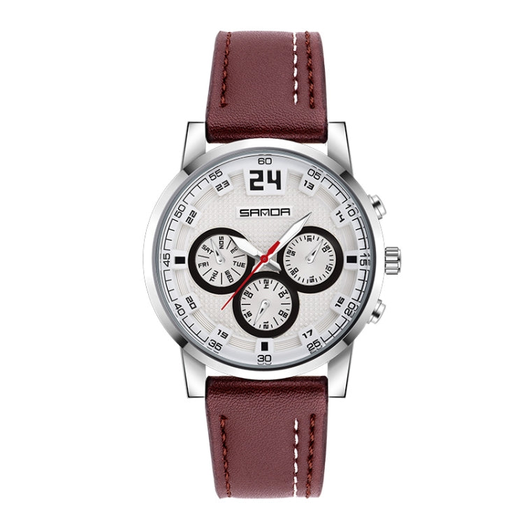 SANDA 5009 Business Fashion Three Eye Six Needle Casual Leather Waterproof Men Quartz Watch(Coffee) - Sport Watches by SANDA | Online Shopping South Africa | PMC Jewellery | Buy Now Pay Later Mobicred