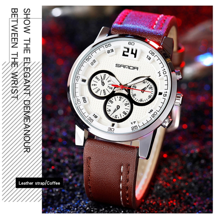 SANDA 5009 Business Fashion Three Eye Six Needle Casual Leather Waterproof Men Quartz Watch(Coffee) - Sport Watches by SANDA | Online Shopping South Africa | PMC Jewellery | Buy Now Pay Later Mobicred