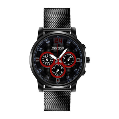 SANDA 5009 Business Fashion Three Eye Six Needle Casual Leather Waterproof Men Quartz Watch(Black  Mesh Belt) - Sport Watches by SANDA | Online Shopping South Africa | PMC Jewellery | Buy Now Pay Later Mobicred