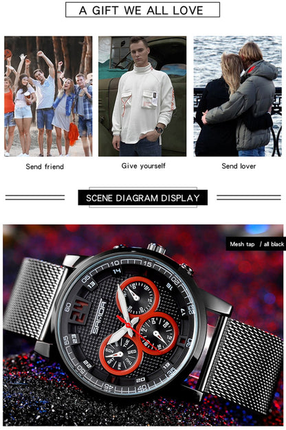 SANDA 5009 Business Fashion Three Eye Six Needle Casual Leather Waterproof Men Quartz Watch(Black  Mesh Belt) - Sport Watches by SANDA | Online Shopping South Africa | PMC Jewellery | Buy Now Pay Later Mobicred