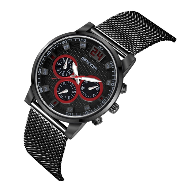 SANDA 5009 Business Fashion Three Eye Six Needle Casual Leather Waterproof Men Quartz Watch(Black  Mesh Belt) - Sport Watches by SANDA | Online Shopping South Africa | PMC Jewellery | Buy Now Pay Later Mobicred