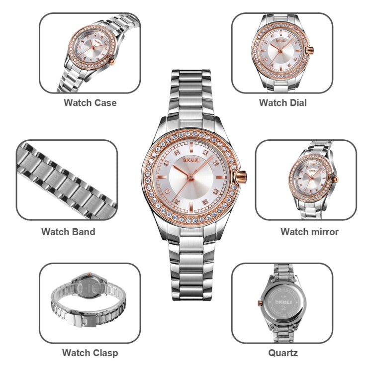 SKMEI 1534 elegant waterproof quartz steel band watch with diamond inlay(Silver Rose Gold) - Metal Strap Watches by SKMEI | Online Shopping South Africa | PMC Jewellery | Buy Now Pay Later Mobicred