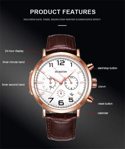 Ochstin 6105 Multi Function Watch Business Leisure Men  Watch Waterproof Timing Quartz Watch Belt Watch(Rose Gold White) - Leather Strap Watches by OCHSTIN | Online Shopping South Africa | PMC Jewellery | Buy Now Pay Later Mobicred