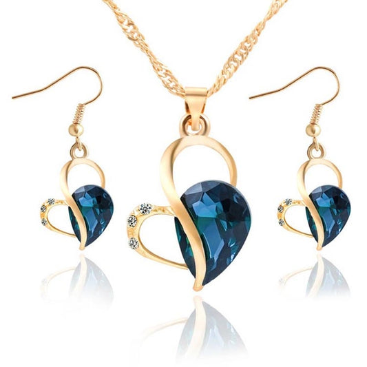 Cute Heart Shaped Crystal Stud Necklace Jewellery Set(Blue) - Jewelry Sets by PMC Jewellery | Online Shopping South Africa | PMC Jewellery | Buy Now Pay Later Mobicred