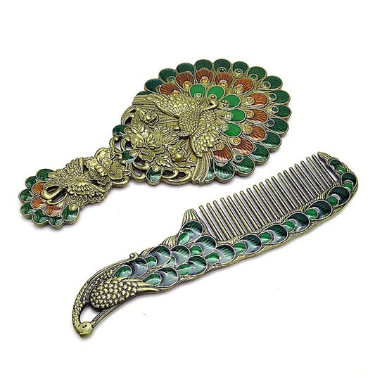 Vintage Handle Peacock Mirror Gift Box Comb Two-piece Portable Makeup Mirror(Bronze Peacock) - Mirror by PMC Jewellery | Online Shopping South Africa | PMC Jewellery