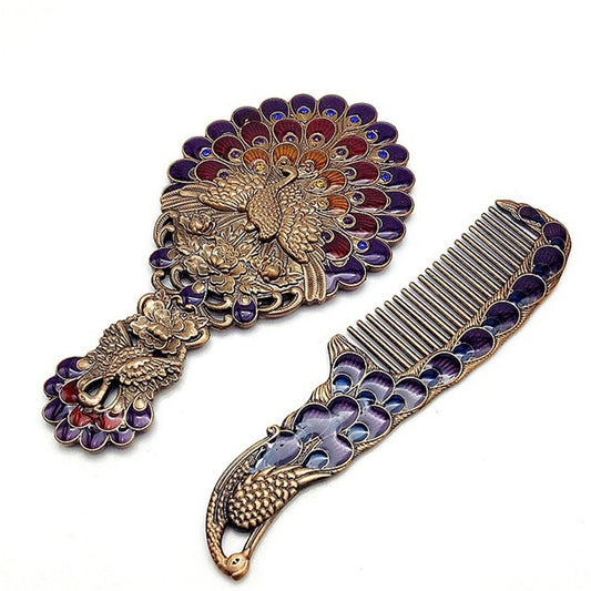 Vintage Handle Peacock Mirror Gift Box Comb Two-piece Portable Makeup Mirror(Copper Peacock) - Mirror by PMC Jewellery | Online Shopping South Africa | PMC Jewellery