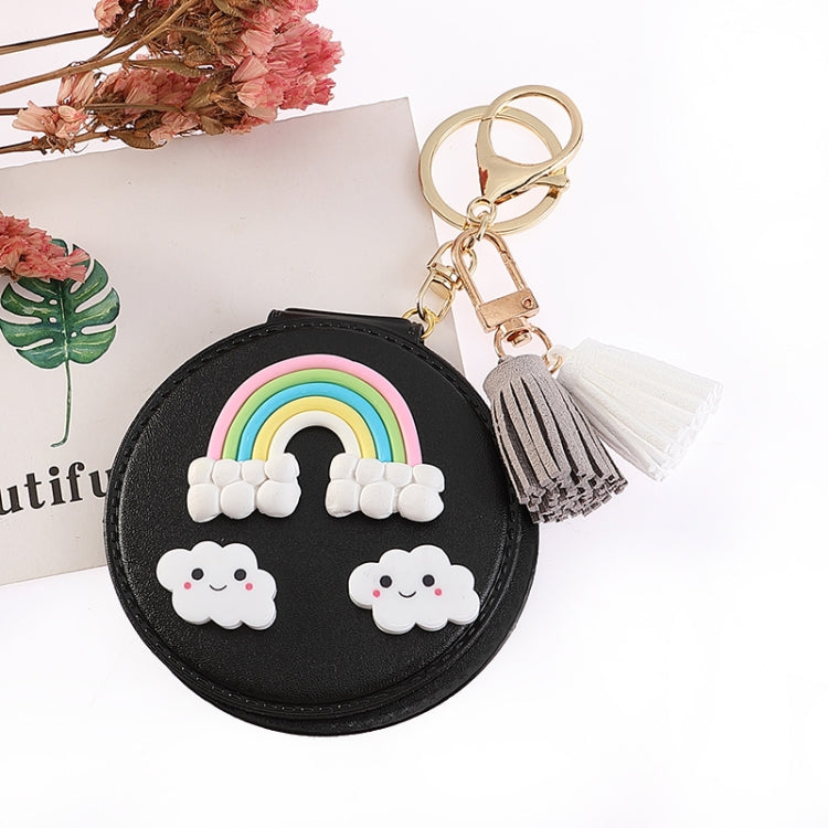 PU Leather Double-sided Folding Mirror Rainbow Tassel Makeup Mirror Keychain(Black) - Mirror by PMC Jewellery | Online Shopping South Africa | PMC Jewellery