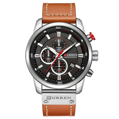 CURREN M8291 Chronograph Watches Casual Leather Watch for Men(White case black face) - Leather Strap Watches by CURREN | Online Shopping South Africa | PMC Jewellery | Buy Now Pay Later Mobicred