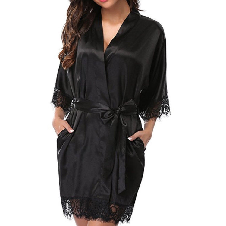 Half Sleeve Robe Women Faux Silk Pajama Sexy Night Dress, Size:L(Black) - Pajamas & Bathrobe by PMC Jewellery | Online Shopping South Africa | PMC Jewellery