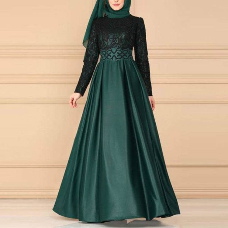 Lace Stitching Retro Large Swing Dress Ethnic Style Long-Sleeved Slim Dress, Size:XXL(Dark Green) - Dress by PMC Jewellery | Online Shopping South Africa | PMC Jewellery