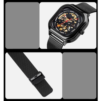 SKMEI 9184 Men Automatic Mechanical Watch Mesh with Hollow Square Tourbillon Student Watch (Black) - Metal Strap Watches by SKMEI | Online Shopping South Africa | PMC Jewellery | Buy Now Pay Later Mobicred