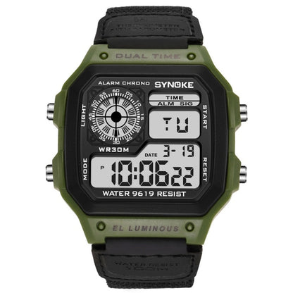 SYNOKE 9619B Nylon Canvas Strap Luminous Waterproof Digital Watch(Green Head Black Belt) - LED Digital Watches by SYNOKE | Online Shopping South Africa | PMC Jewellery | Buy Now Pay Later Mobicred