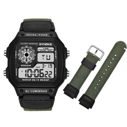 SYNOKE 9619B Nylon Canvas Strap Luminous Waterproof Digital Watch(Black Head Green Belt) - LED Digital Watches by SYNOKE | Online Shopping South Africa | PMC Jewellery | Buy Now Pay Later Mobicred