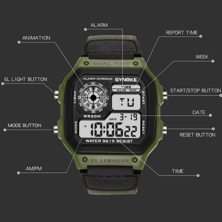 SYNOKE 9619B Nylon Canvas Strap Luminous Waterproof Digital Watch(Black Head Green Belt) - LED Digital Watches by SYNOKE | Online Shopping South Africa | PMC Jewellery | Buy Now Pay Later Mobicred