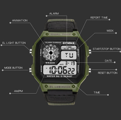 SYNOKE 9619B Nylon Canvas Strap Luminous Waterproof Digital Watch(Green Head Green Belt) - LED Digital Watches by SYNOKE | Online Shopping South Africa | PMC Jewellery | Buy Now Pay Later Mobicred