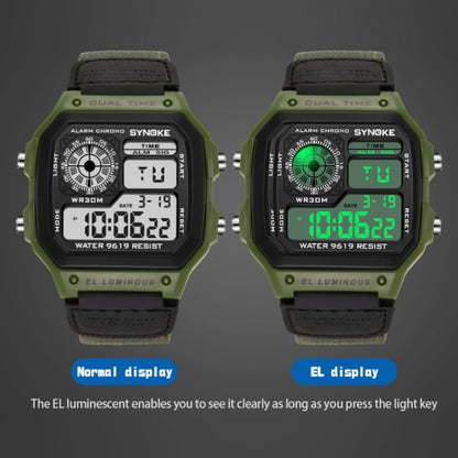 SYNOKE 9619B Nylon Canvas Strap Luminous Waterproof Digital Watch(Black Head Green Belt) - LED Digital Watches by SYNOKE | Online Shopping South Africa | PMC Jewellery | Buy Now Pay Later Mobicred