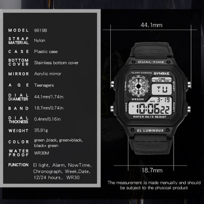 SYNOKE 9619B Nylon Canvas Strap Luminous Waterproof Digital Watch(Black Head Green Belt) - LED Digital Watches by SYNOKE | Online Shopping South Africa | PMC Jewellery | Buy Now Pay Later Mobicred