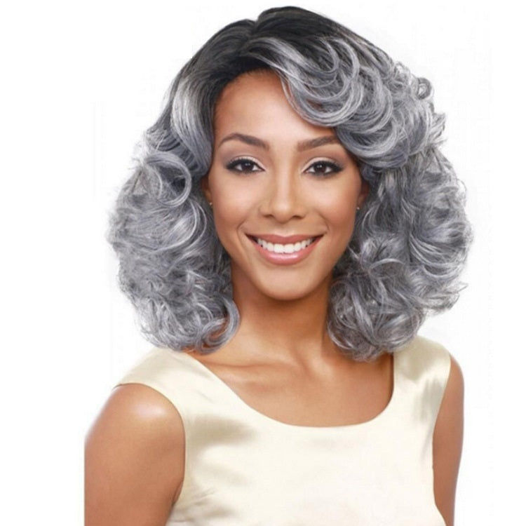 Lady Diagonal Bangs Wig Gradient Short Curly Hair Wig(Black Gradient Gray) - Wigs by PMC Jewellery | Online Shopping South Africa | PMC Jewellery