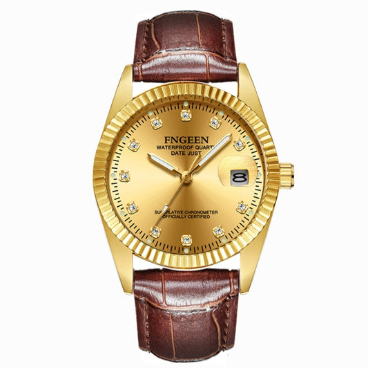 FNGEEN 7008 Men Fashion Diamond Dial Watch Couple Watch(Brown Leather Full Gold Surface) - Couple Watches by FNGEEN | Online Shopping South Africa | PMC Jewellery | Buy Now Pay Later Mobicred