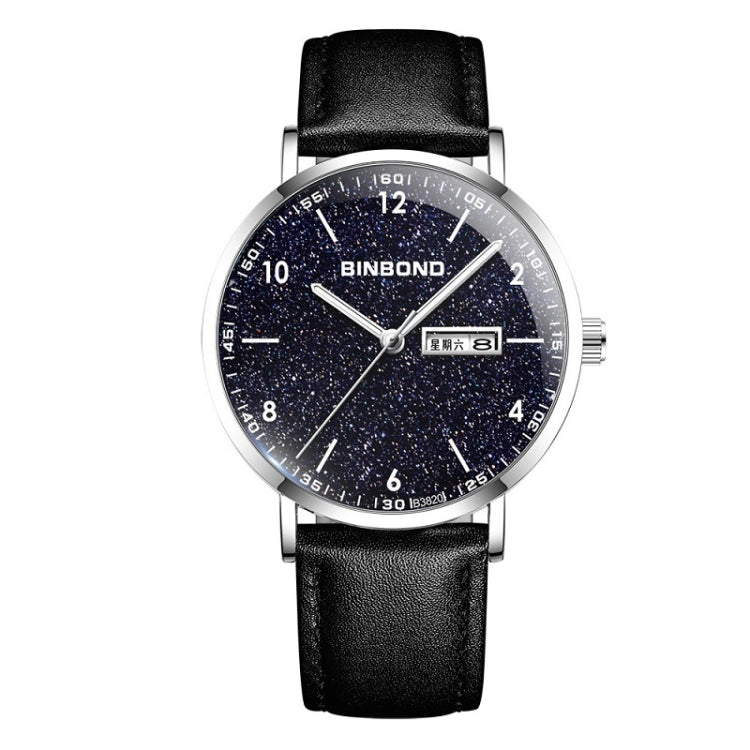 BINBOND B3820 Men Simple Luminous Quartz Watch Student Trendstarry Starry Sky Pattern Watch(Black Leather White Shell White Nails) - Leather Strap Watches by BINBOND | Online Shopping South Africa | PMC Jewellery | Buy Now Pay Later Mobicred